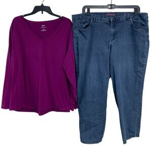 Evri Gloria Vanderbilt Womens 22W 3X Long Sleeve Tee Shirt Denim Blue Jeans